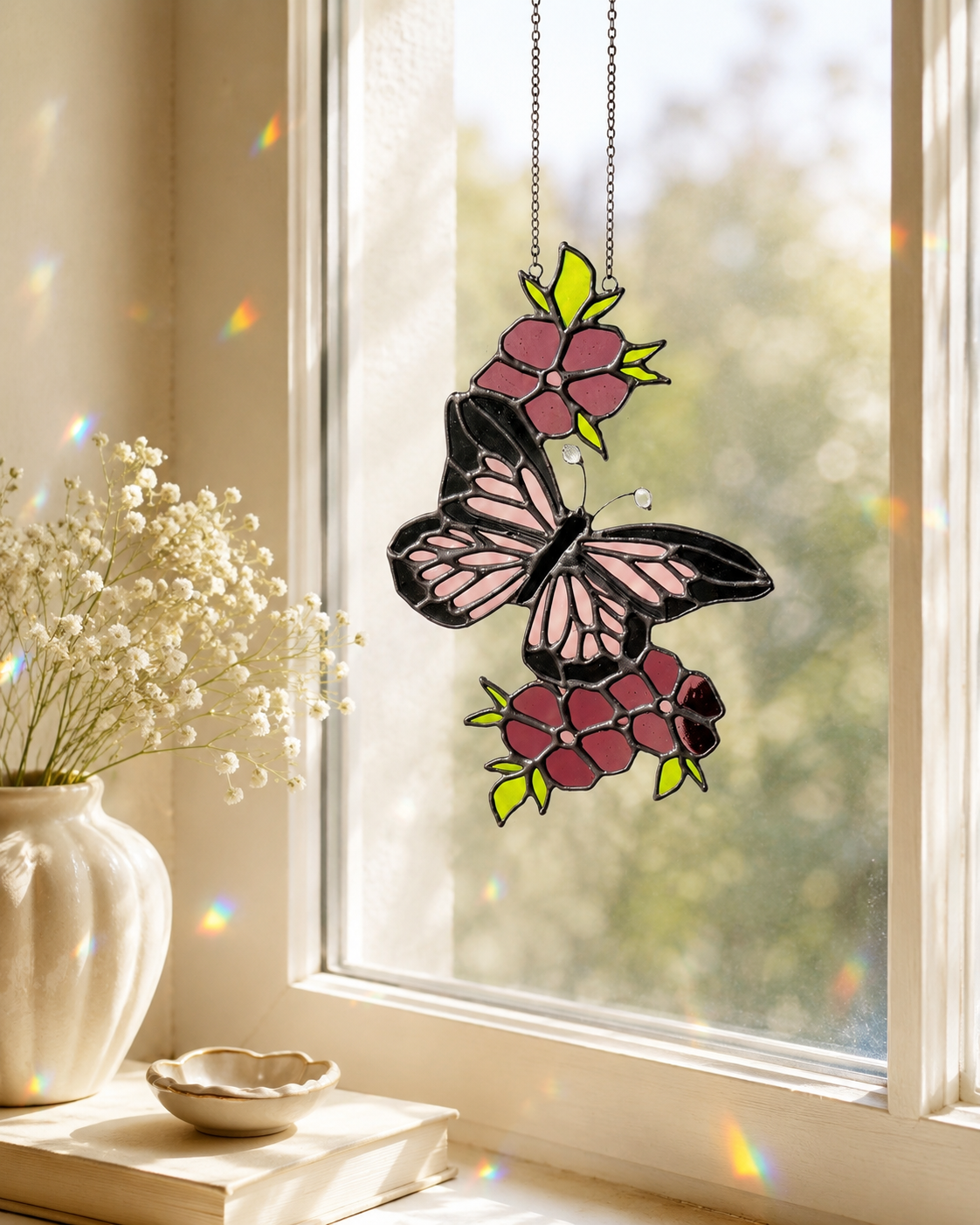 Butterfly Suncatcher Handmade Stained Glass, Pink Wings, Floral Art, Window Hanging Home Decor