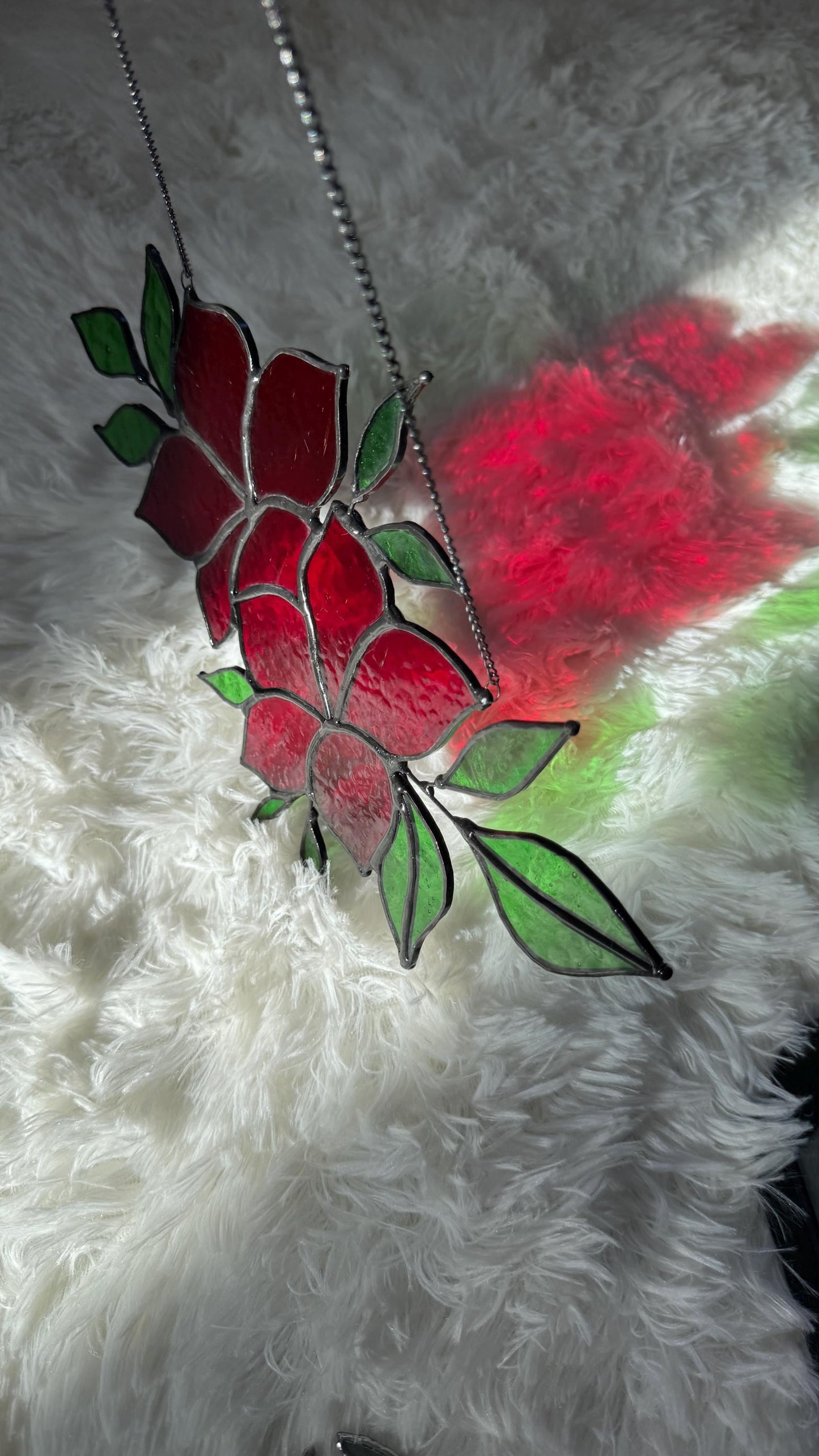 Handmade Stained Glass Red Floral Wall Hanging, Botanical Suncatcher Window Decor