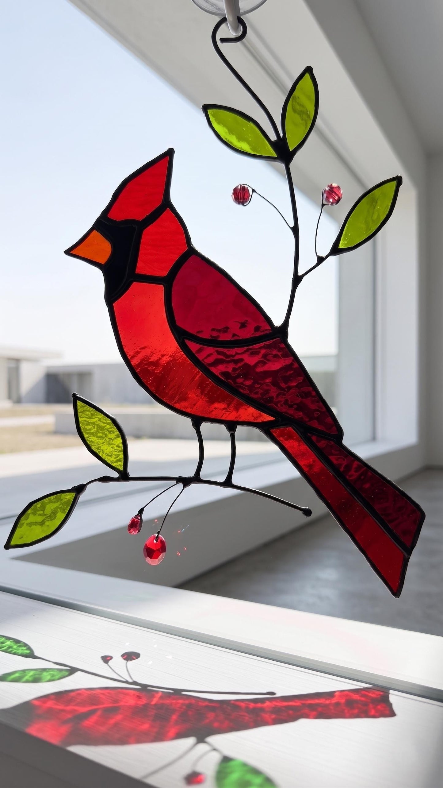Cardinal Suncatcher: Handcrafted Stained Glass Red Bird Branch Window Art