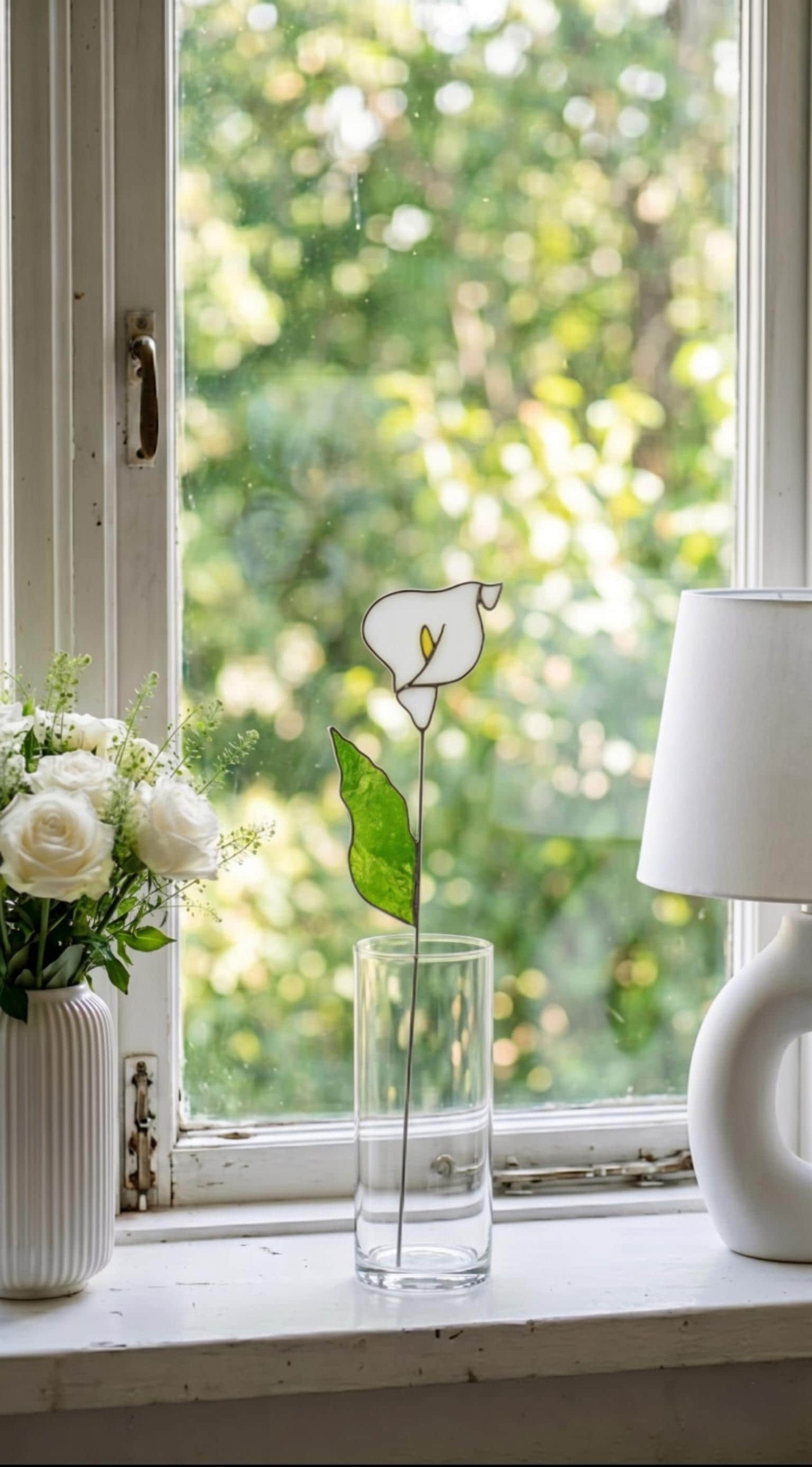 Handcrafted Stained Glass Calla Lily Bloom, Vase Decor