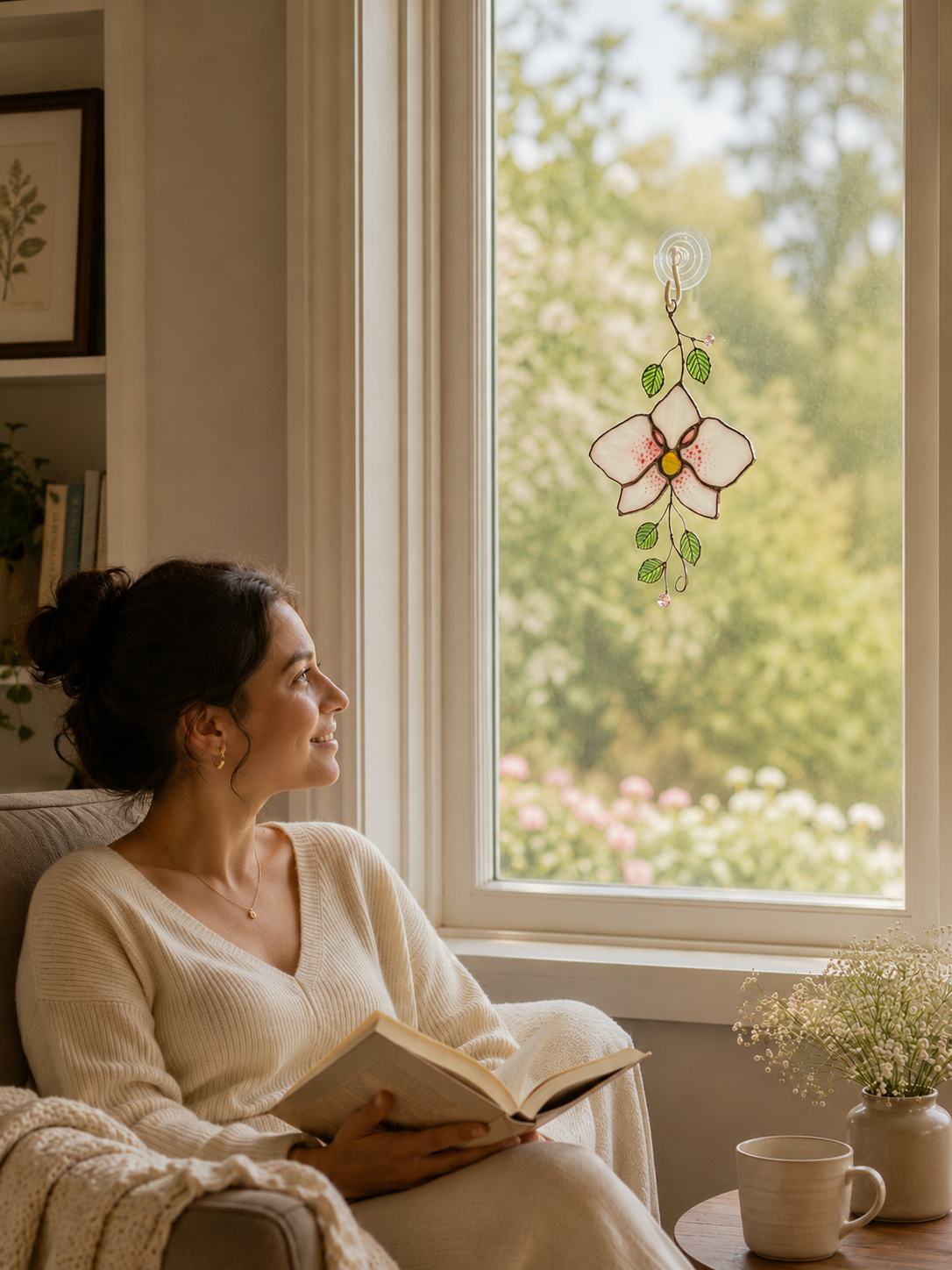 Orchid Stained Glass Suncatcher: Pink Flower Botanical Window Hanging, Exotic Floral Wall Decor