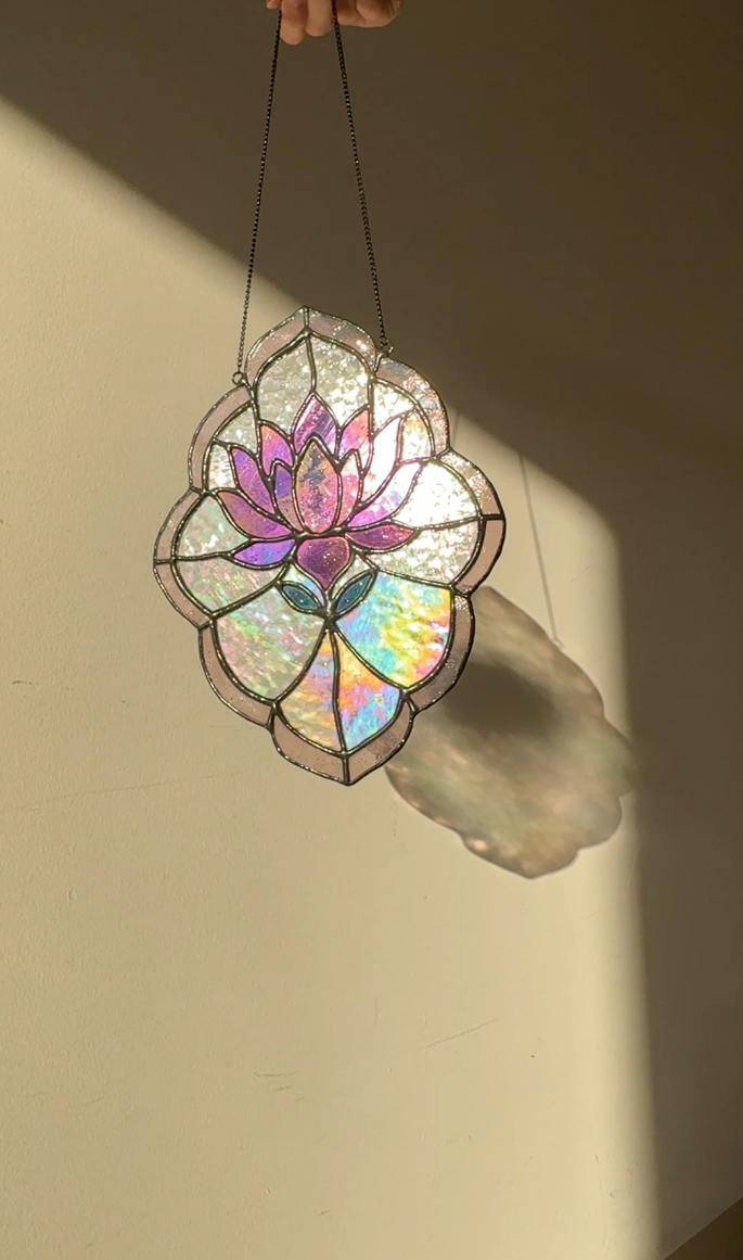 Stained Glass Lotus Panel Pink and Purple Iridescent Flower Suncatcher, Handmade Window Hanging