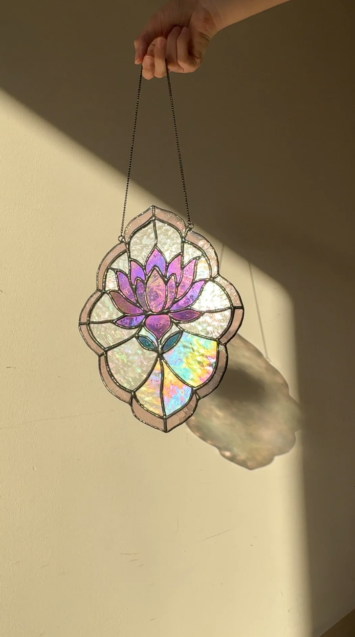 Stained Glass Lotus Panel Pink and Purple Iridescent Flower Suncatcher, Handmade Window Hanging