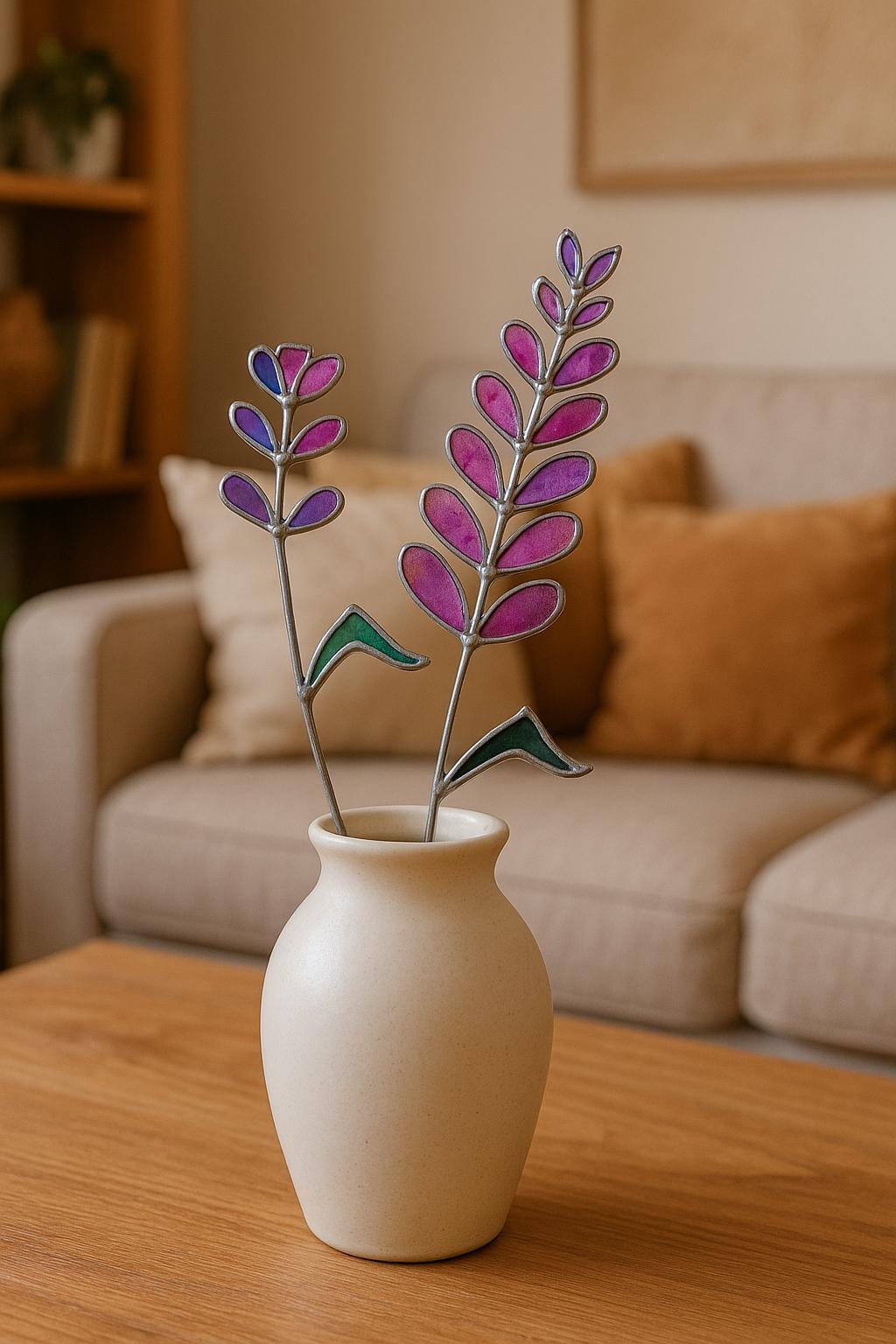 Handmade Stained Glass Flower Decor: Purple & Pink Iridescent Floral Plant Stake