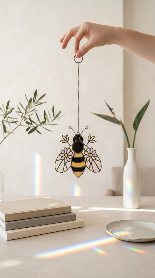 Stained Glass Bumblebee Suncatcher with Flowers: Iridescent Bee Window Hanging, Nature Art