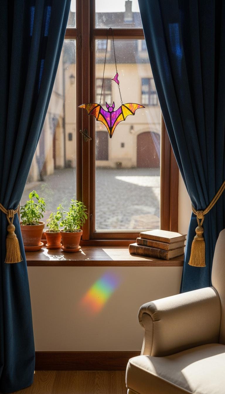 Iridescent Stained Glass Bat Suncatcher: Halloween Decor