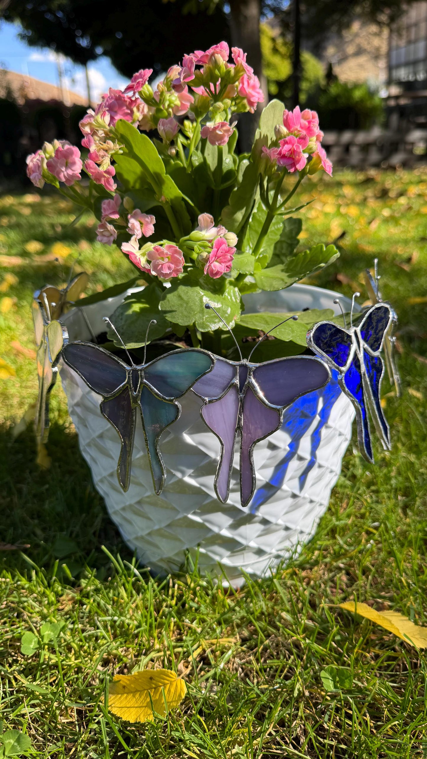 Iridescent Green Stained Glass Butterfly Plant Stake - Handmade Plant Decor