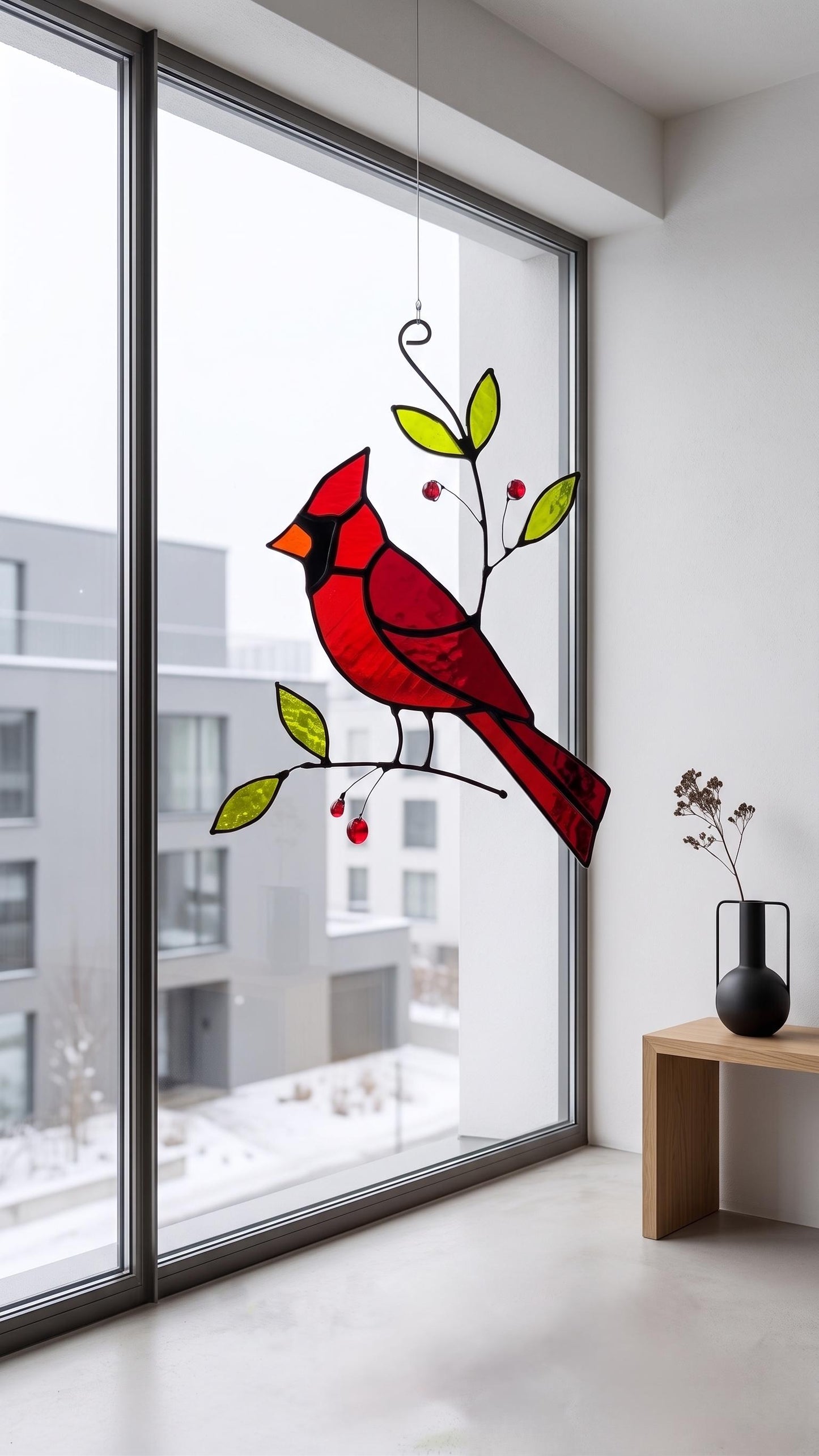 Cardinal Suncatcher: Handcrafted Stained Glass Red Bird Branch Window Art