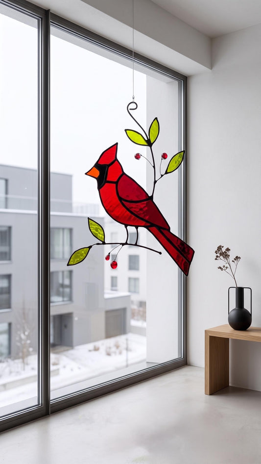 Cardinal Suncatcher: Handcrafted Stained Glass Red Bird Branch Window Art