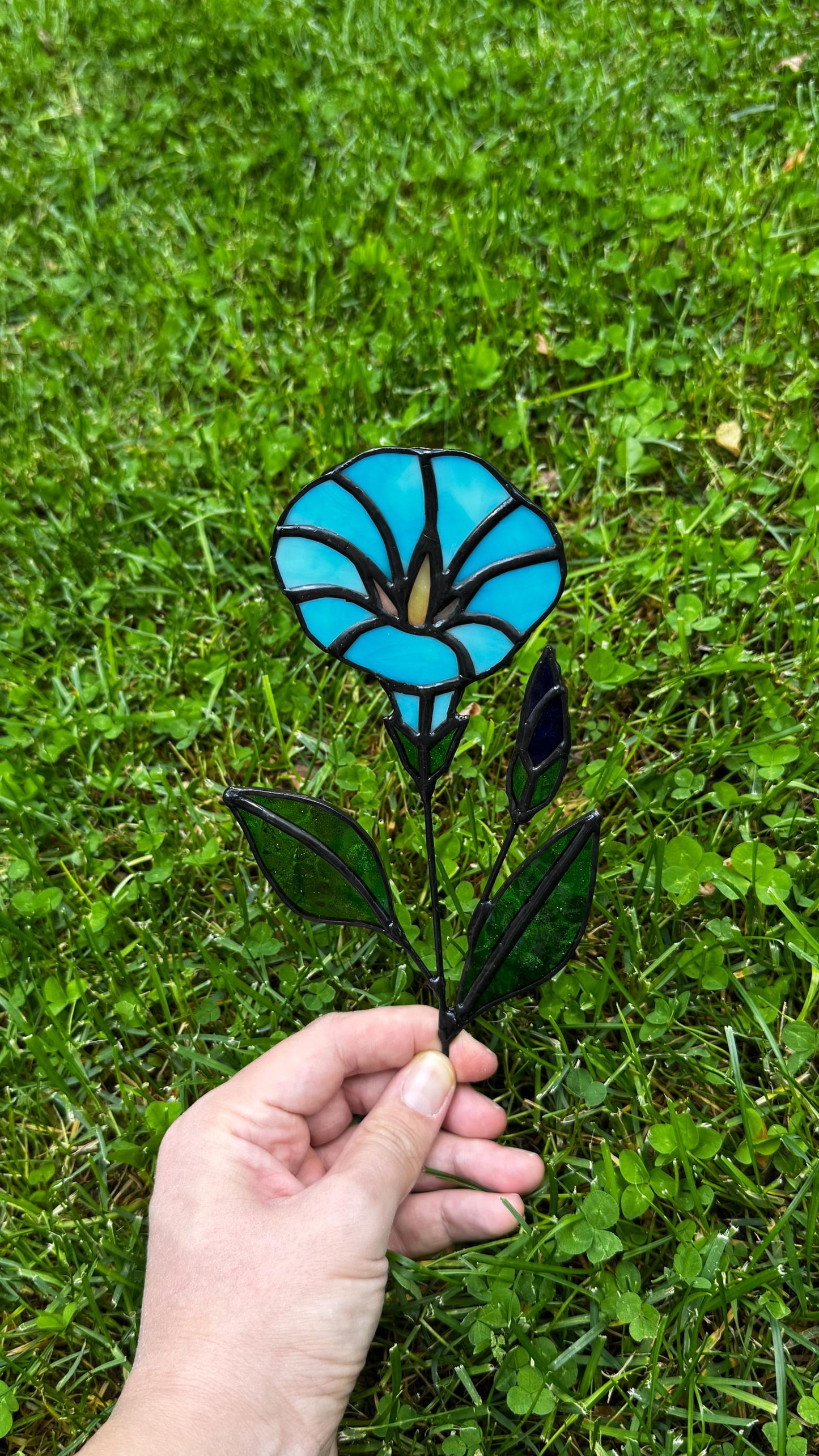 Stained Glass Morning Glory Flower Stake: Handmade Floral Decor, Gift for Nature Lovers