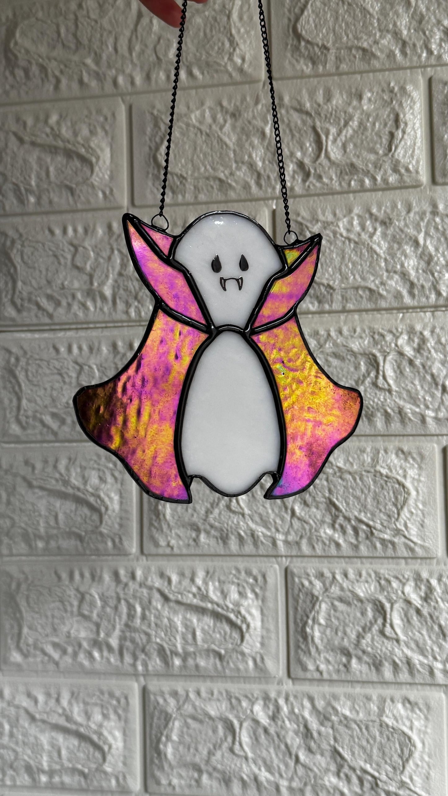 Stained Glass Ghost Suncatcher: Iridescent Cape Window Decoration