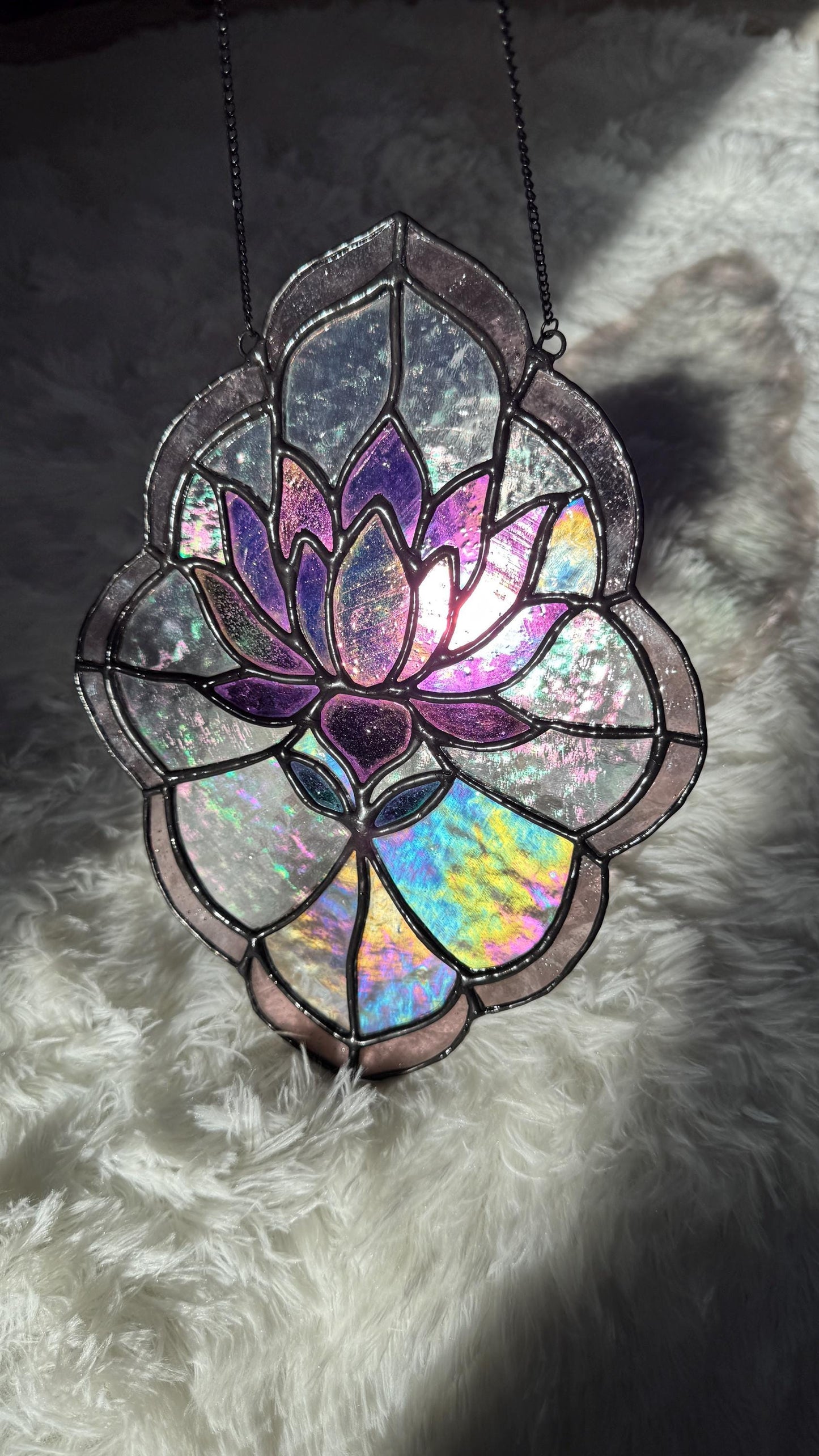 Stained Glass Lotus Panel Pink and Purple Iridescent Flower Suncatcher, Handmade Window Hanging