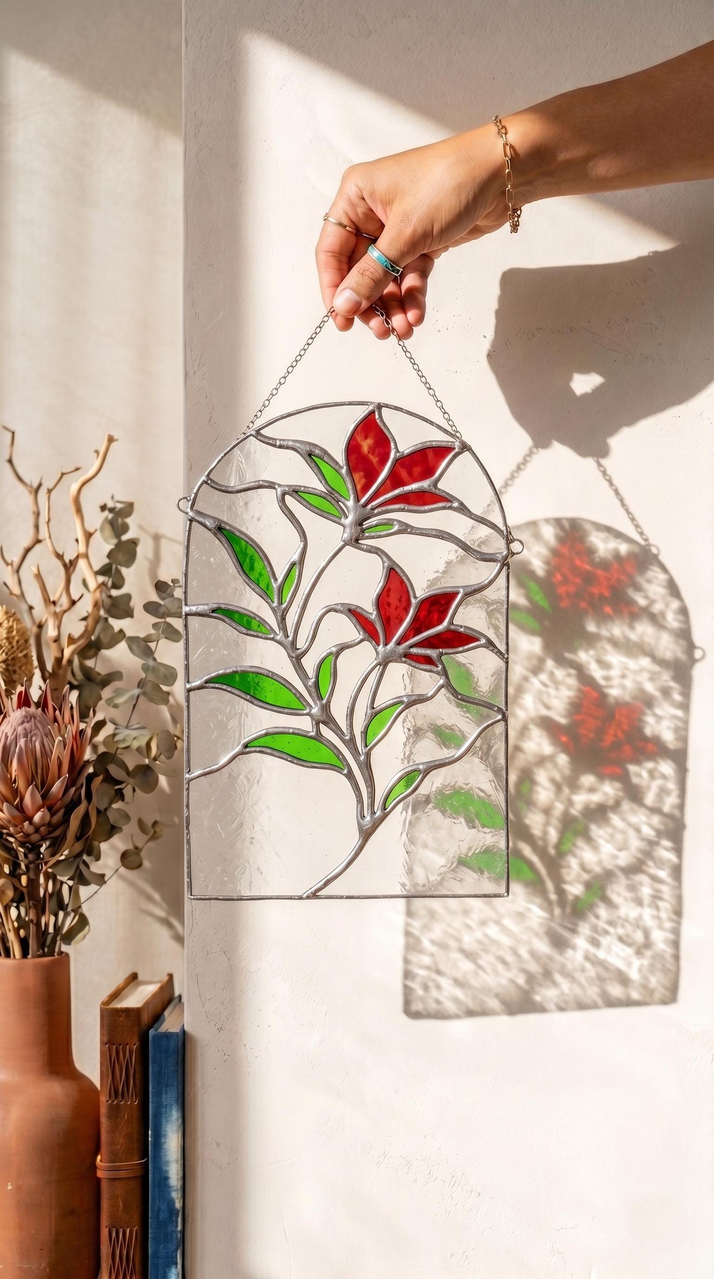 Stained Glass Floral Wall Hanging, Arched Red Flower Panel, Botanical Suncatcher Home Decor