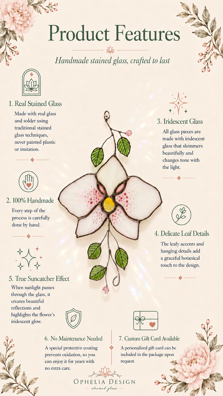 Orchid Stained Glass Suncatcher: Pink Flower Botanical Window Hanging, Exotic Floral Wall Decor