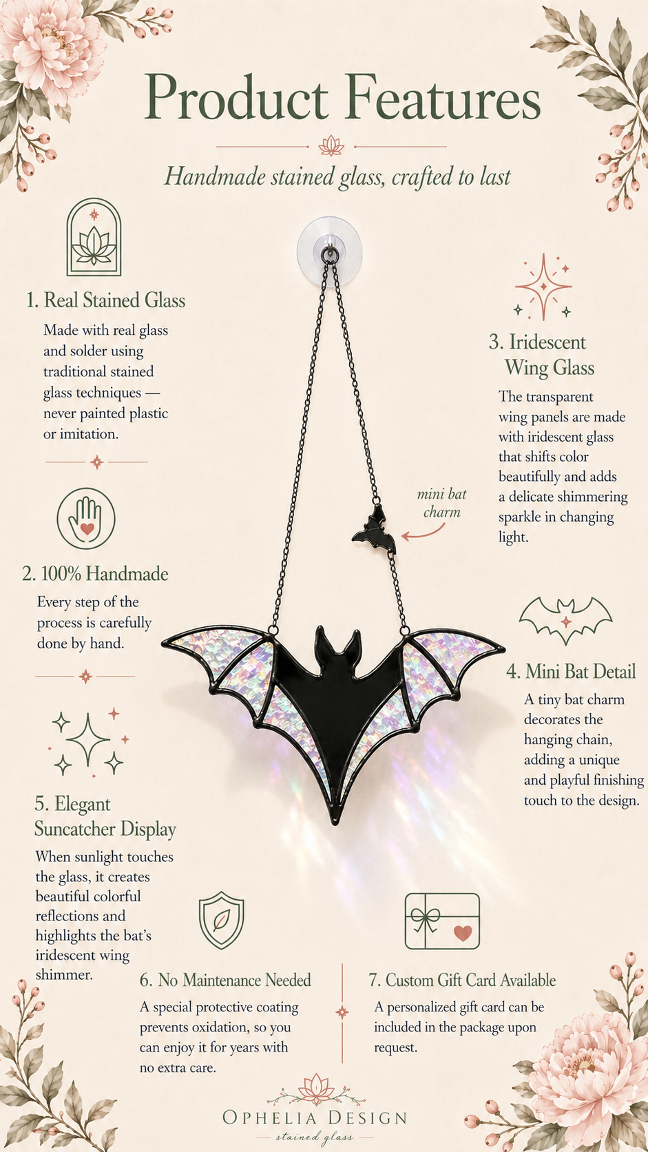 Bat Suncatcher Stained Glass, Halloween Window Decoration, Gothic Home Decor, Handmade Halloween Ornament