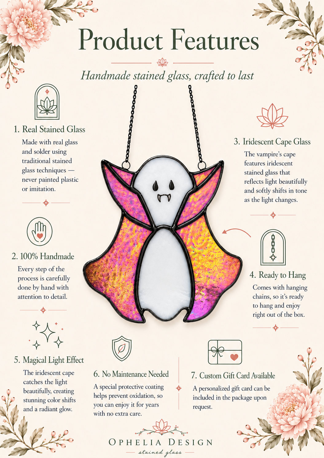 Ghost Suncatcher Handmade Stained Glass : Iridescent Cape Window Decoration