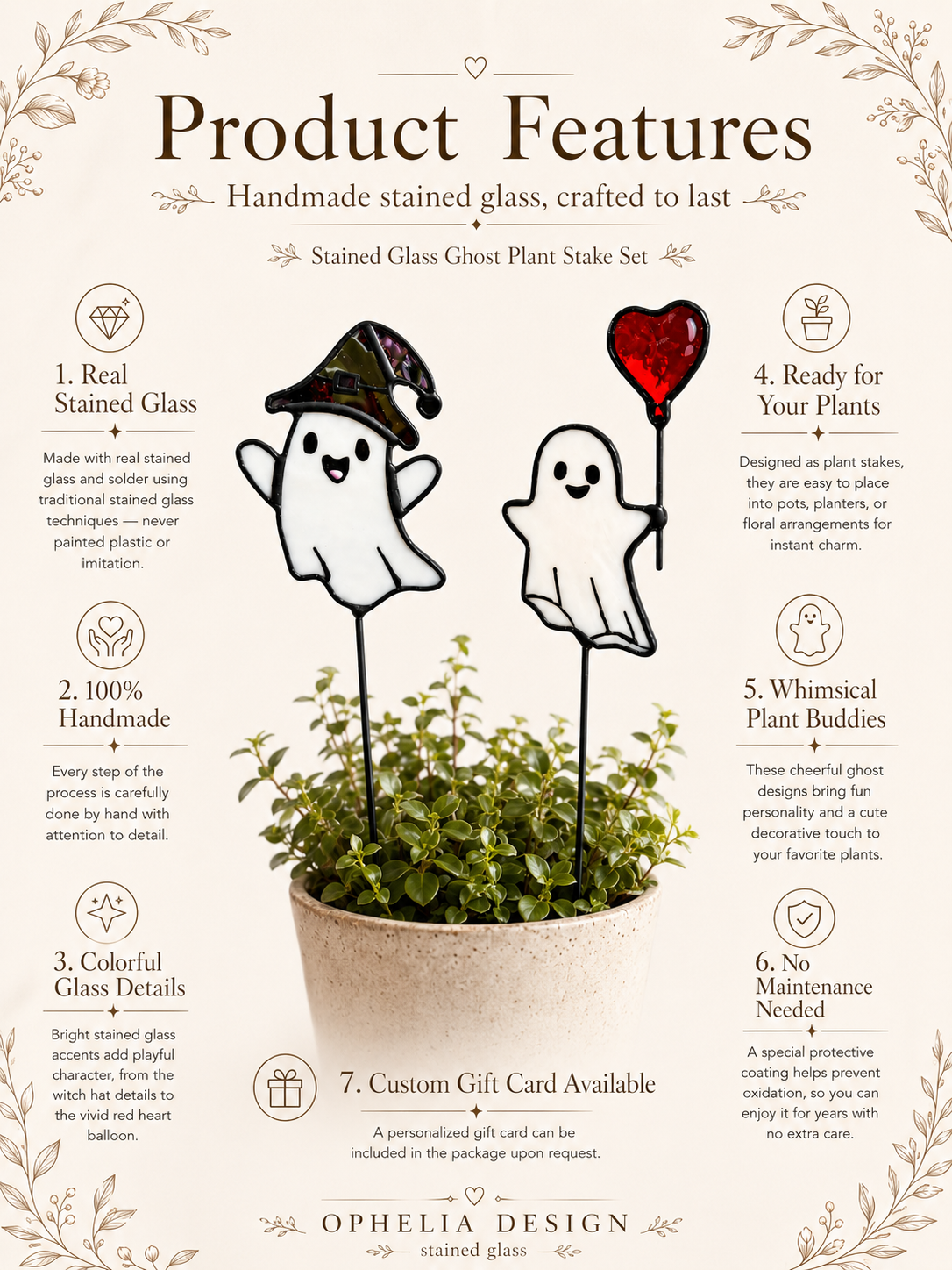 Handmade Stained Glass Ghost Plant Stake: Halloween Pot Decor