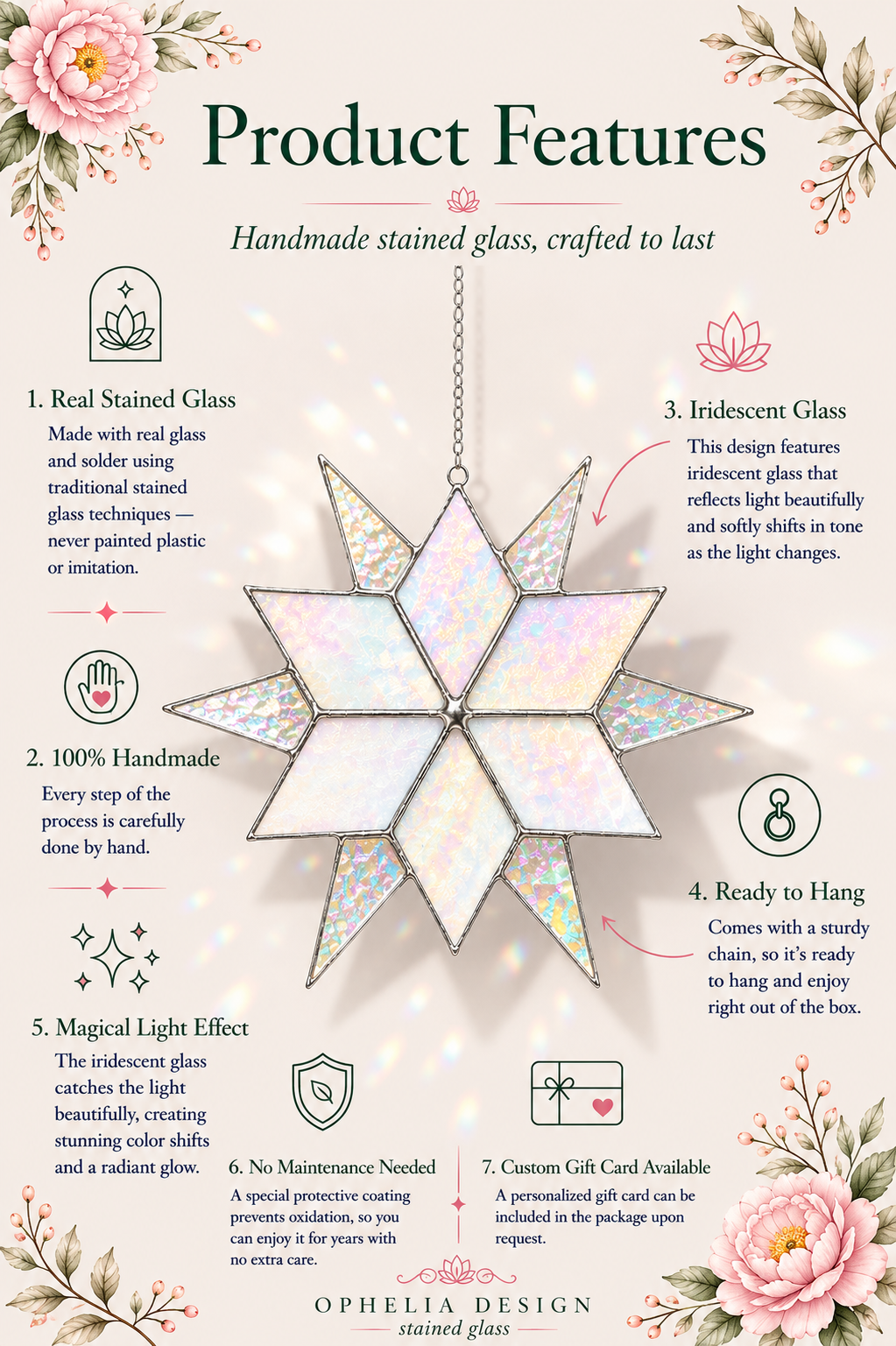 Sirius Star Suncatcher Handmade Stained Glass  White Iridescent Glass, Home Window Decor Gift