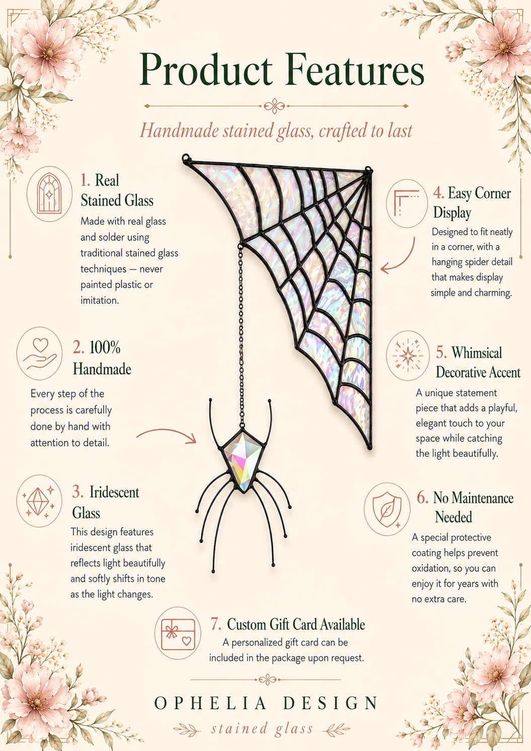 Spider Web Stained Glass Suncatcher: Corner Window Hanging, Gothic Halloween Spider Prism Art
