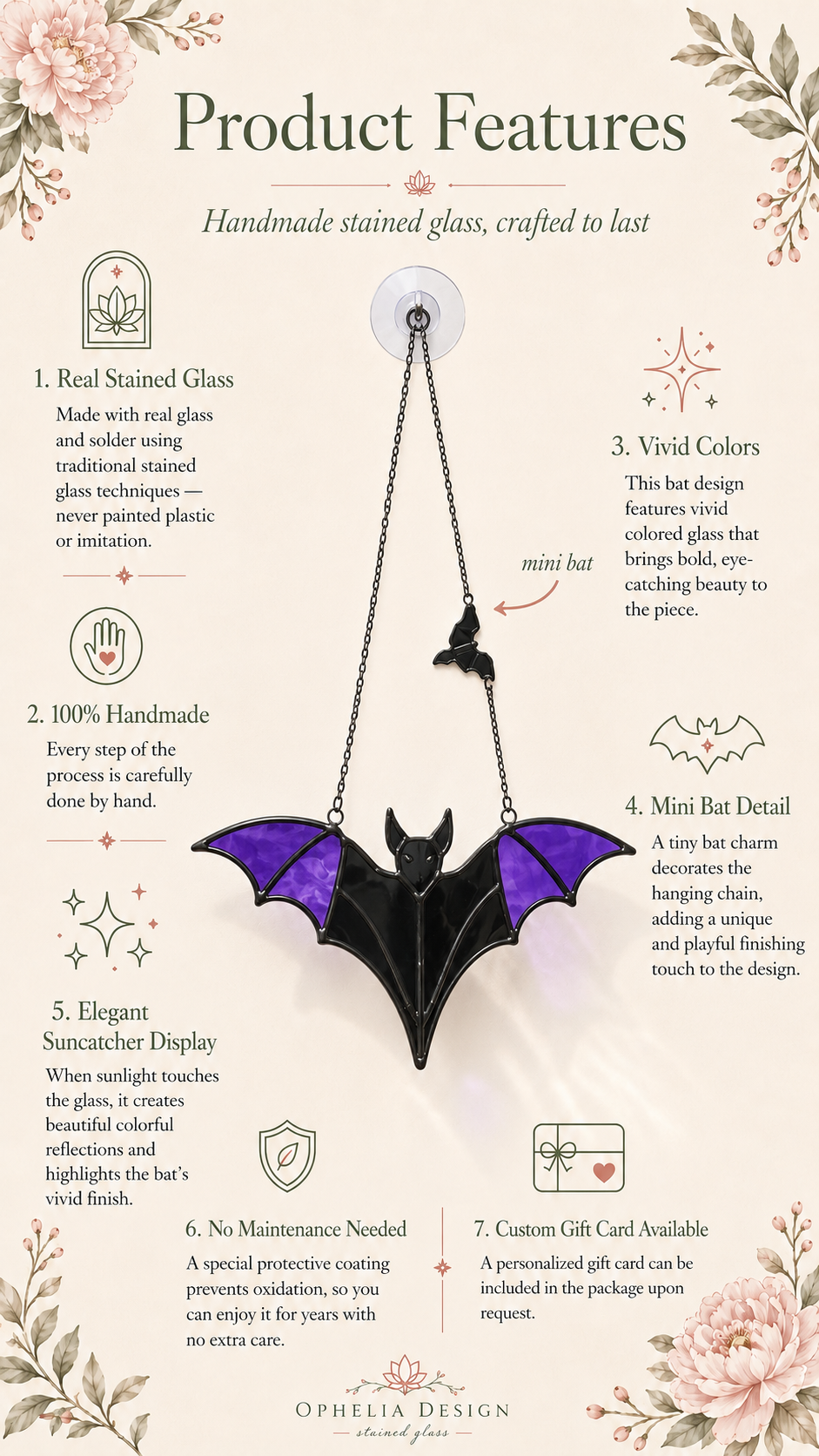 Bat Suncatcher Stained Glass, Purple Black: Halloween Decor