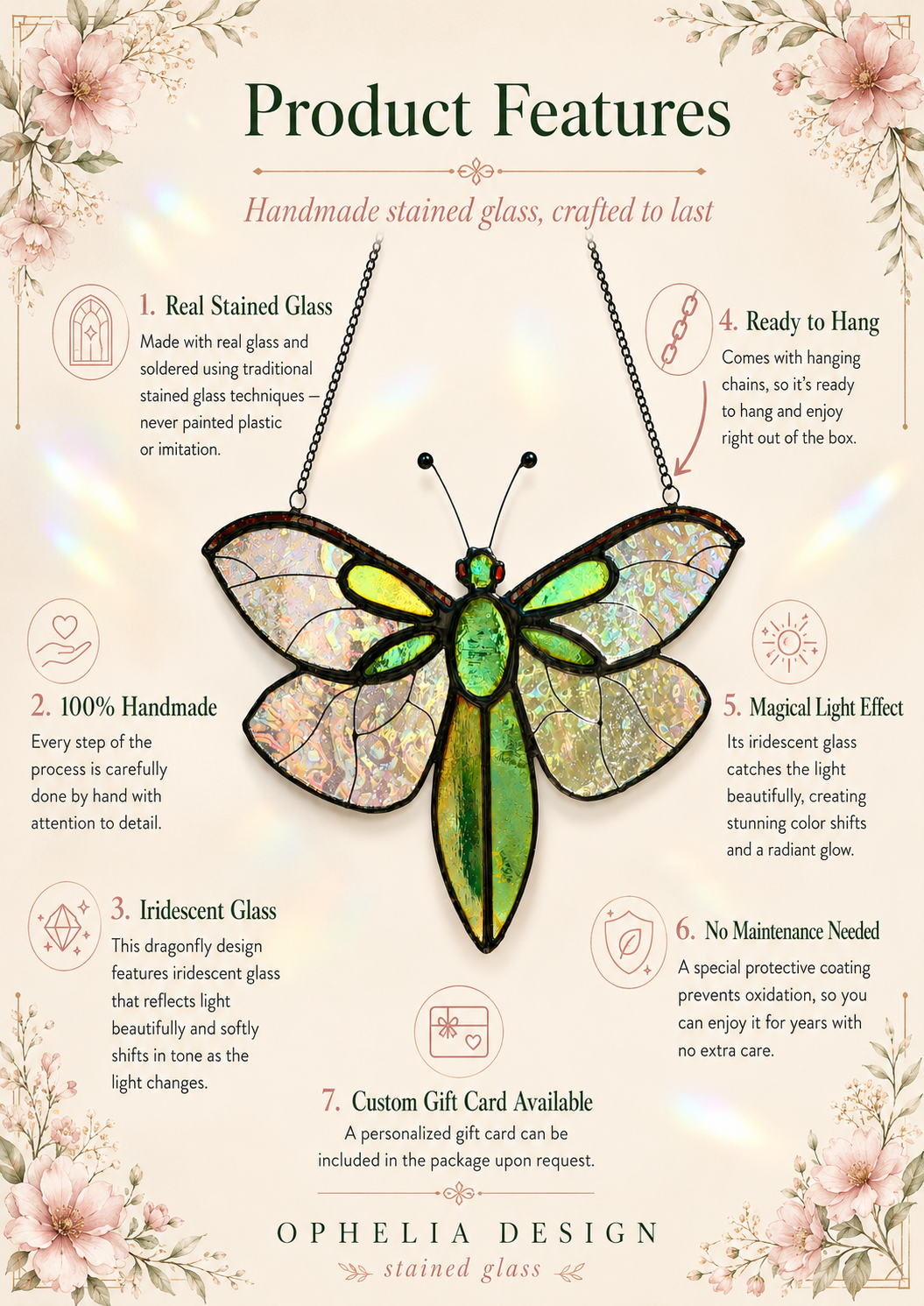 Fly Suncatcher Handmade Stained Glass  Iridescent Green Insect Window Decor