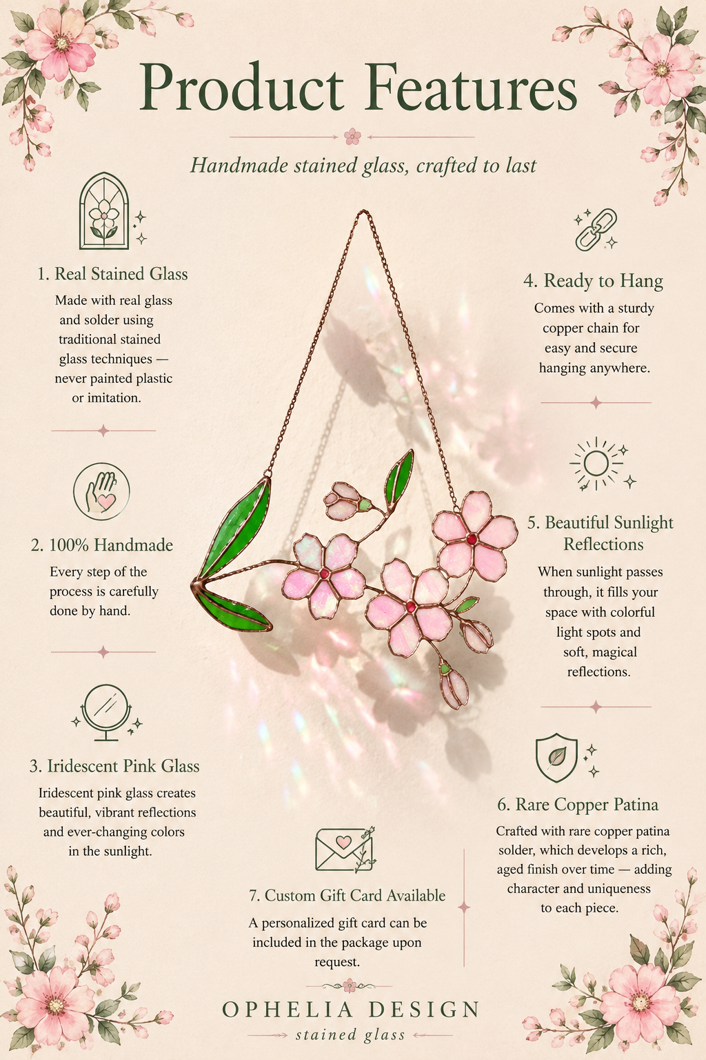 Cherry Blossom Stained Glass: Flower Sun Catcher Gift, One of a Kind Glass Decor