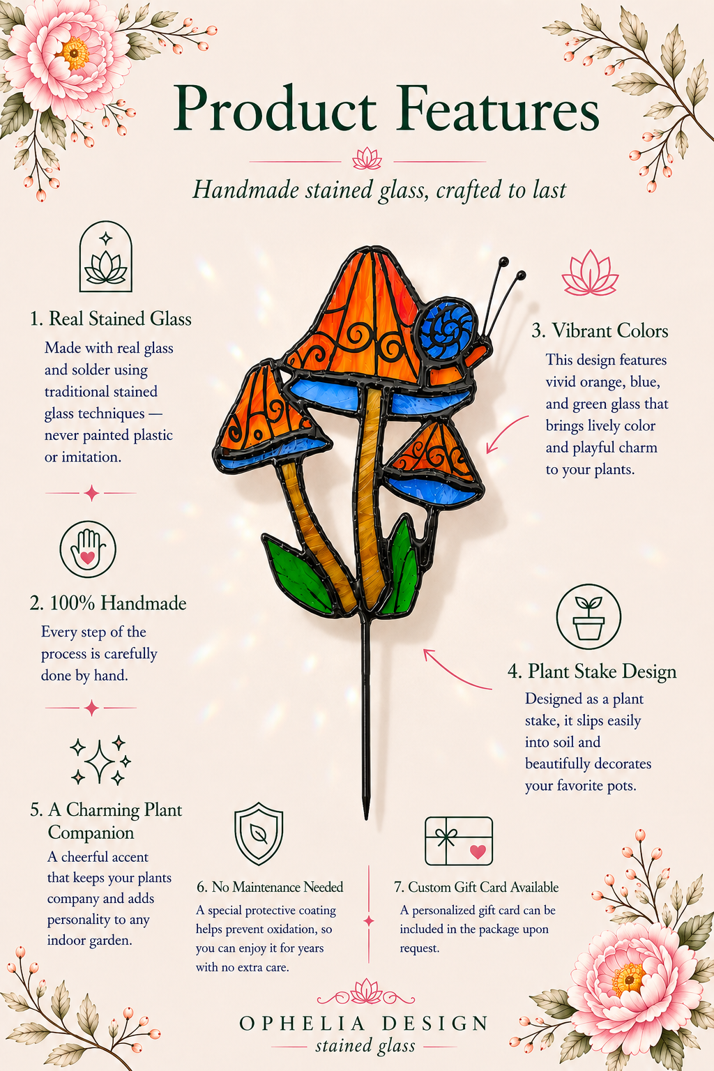 Stained Glass Plant Stake – Mushroom & Snail Garden Decor