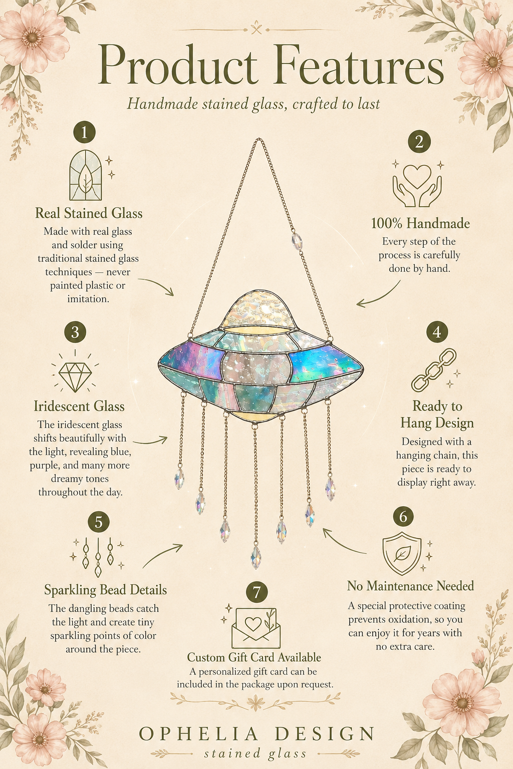 UFO Stained Glass Suncatcher: Alien Spaceship Window Hanging, Crystals Science Fiction Decor