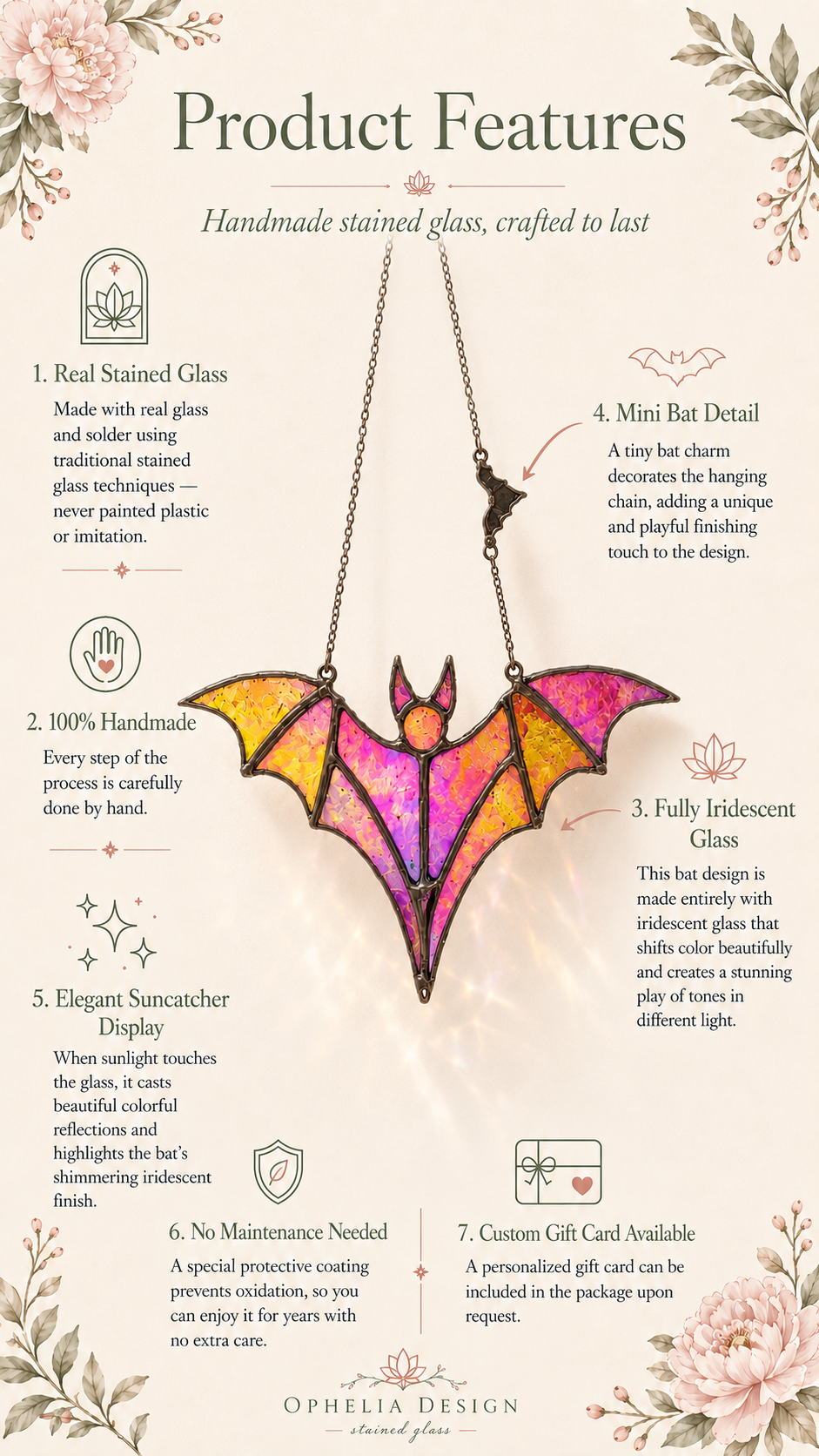 Bat Suncatcher Iridescent Stained Glass: Halloween Decor
