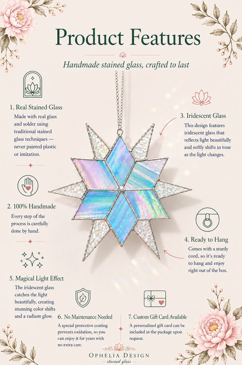Stained Glass Sirius Star Suncatcher Handmade Ice Iridescent Glass Home Window Decor