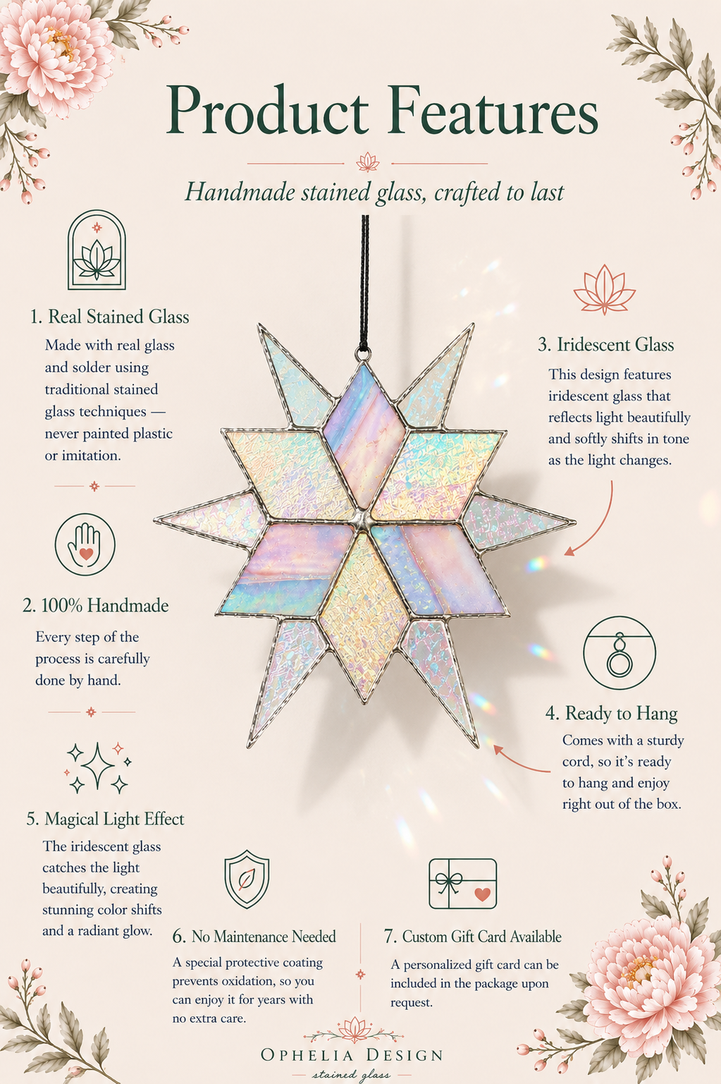 Stained Glass Sirius Star Suncatcher Handmade White and Ice Iridescent Glass Home Window Decor