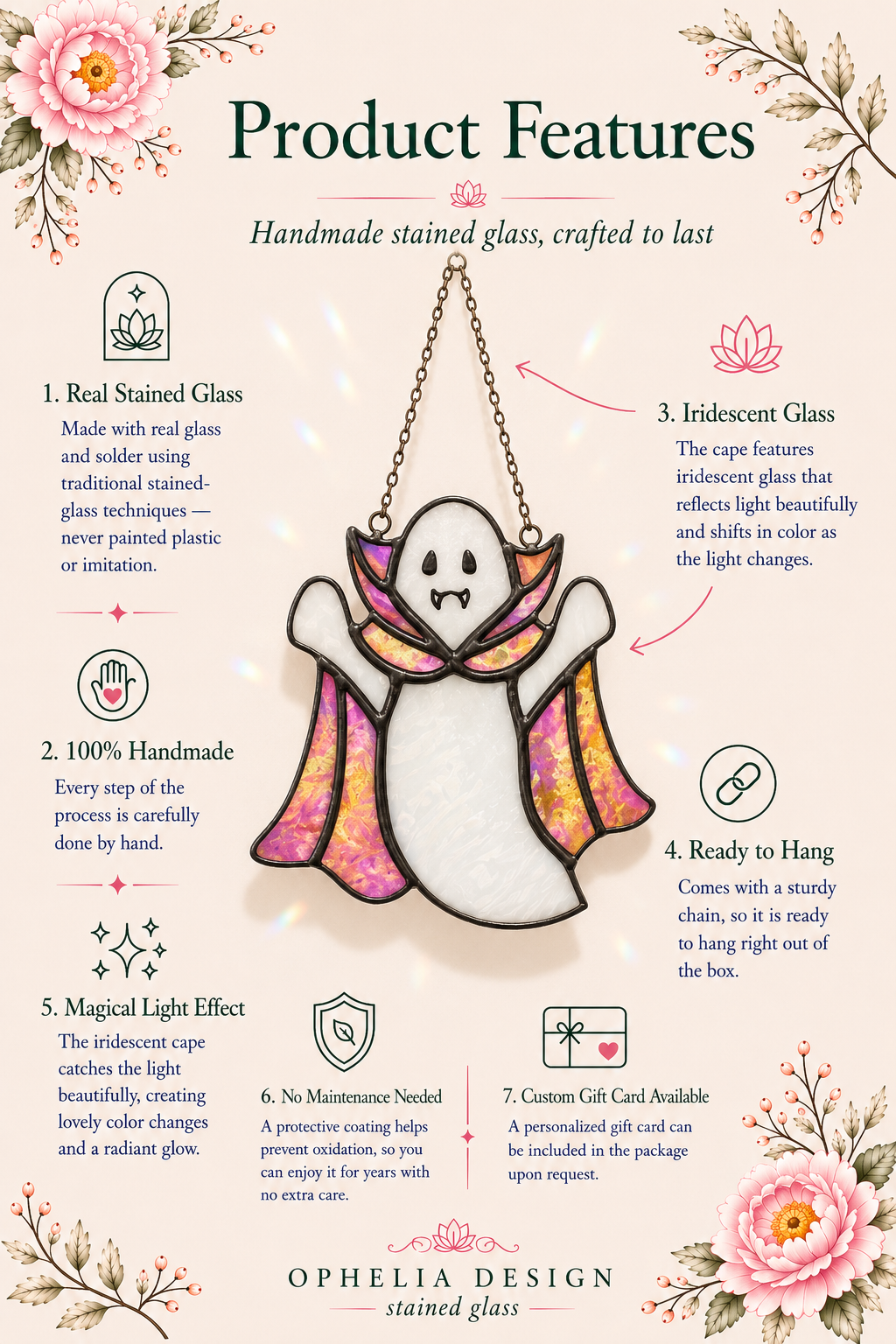 Ghost Suncatcher Handmade Stained Glass: Iridescent Cape Window Decoration