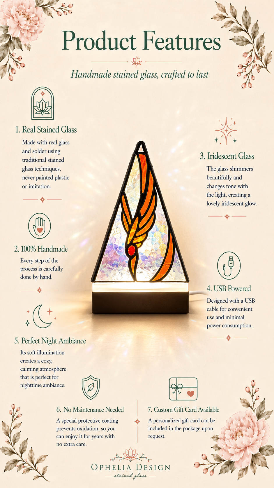 Stained Glass Pyramid Lamp: Iridescent Handmade Night Light, Tiffany Lamp Decor