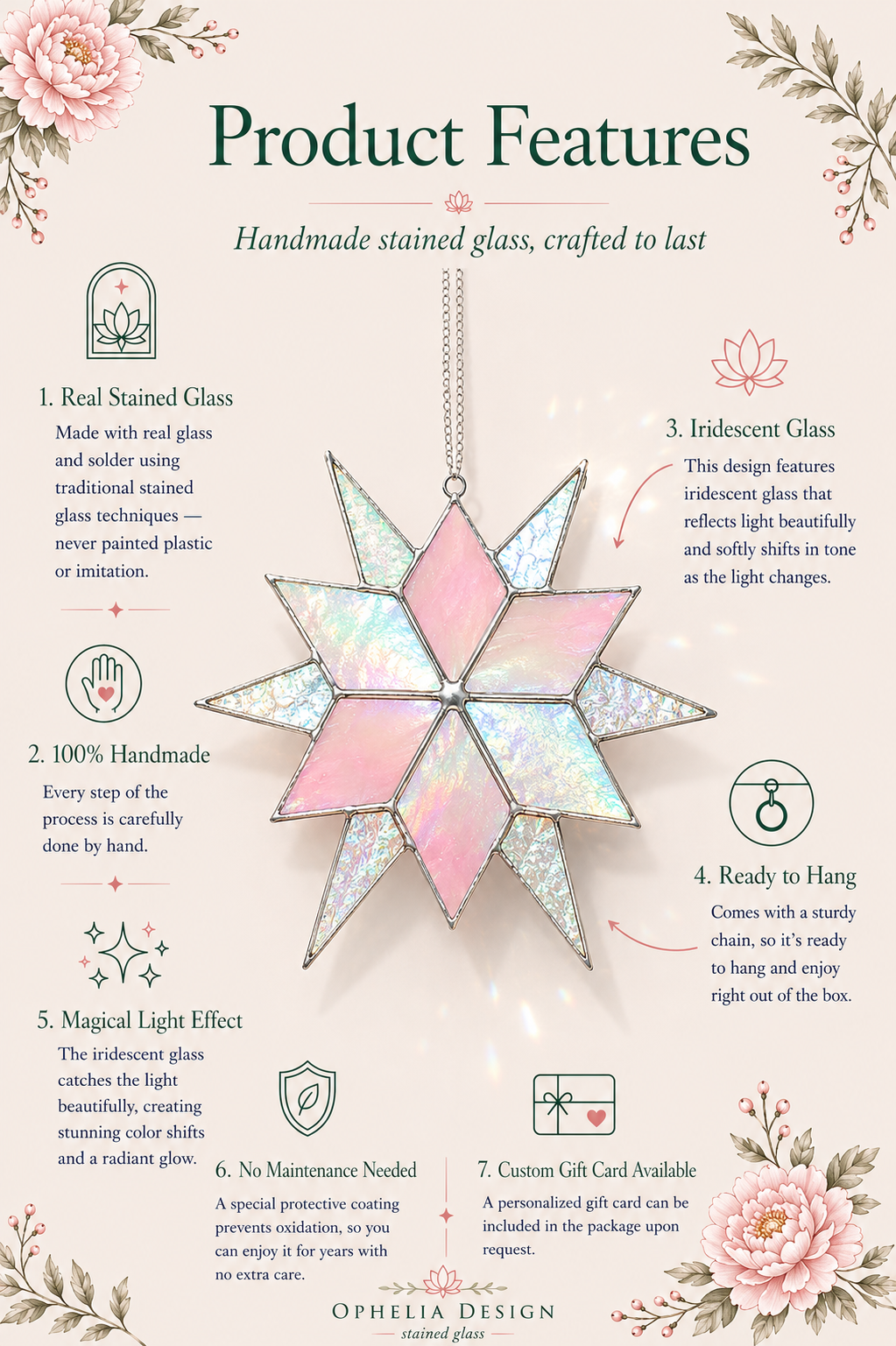 Stained Glass Sirius Star Suncatcher Handmade Pink and White Iridescent Glass Home Window Decor