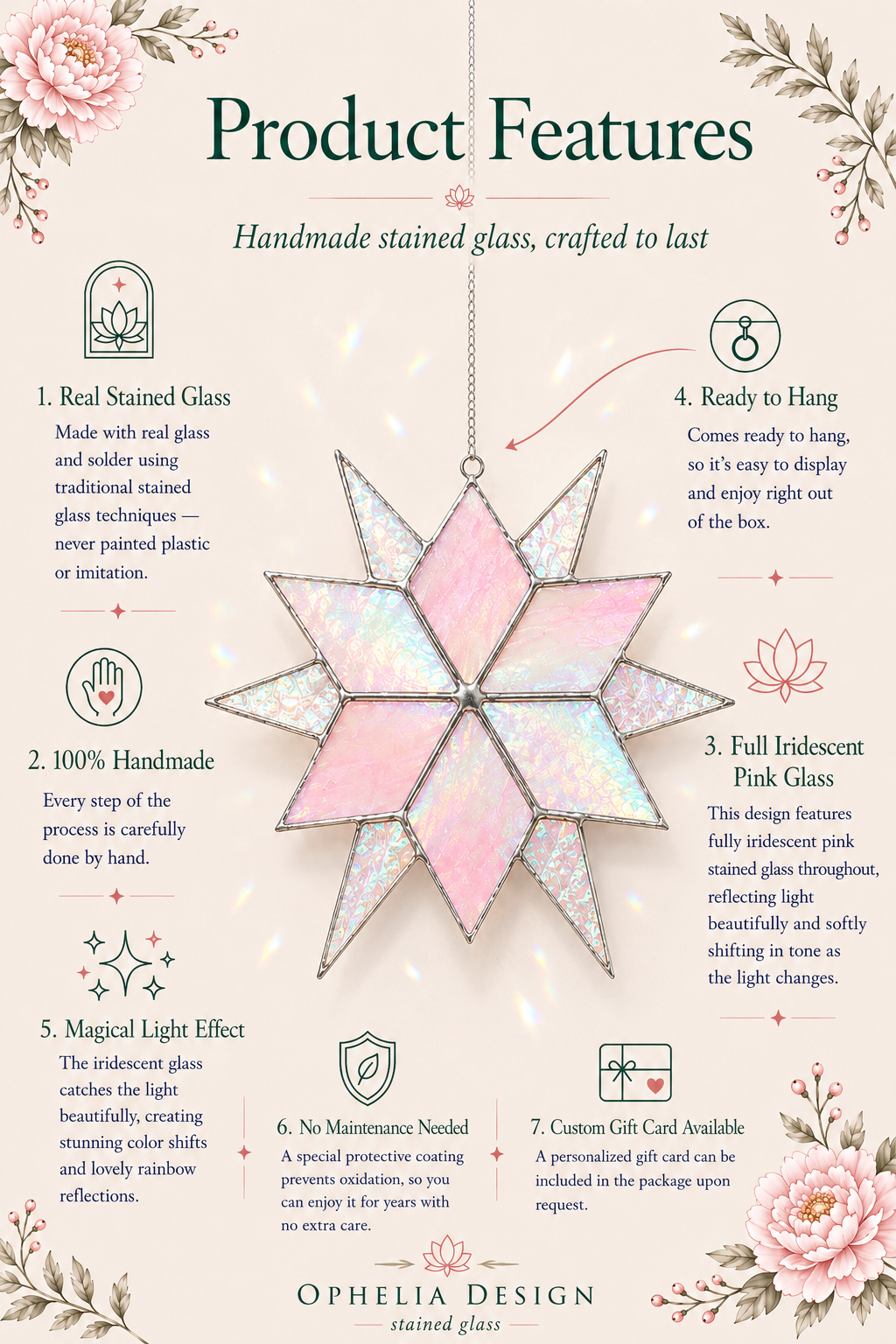 Stained Glass Star Suncatcher, Pink Iridescent Glass Ornament, Home Window Decor