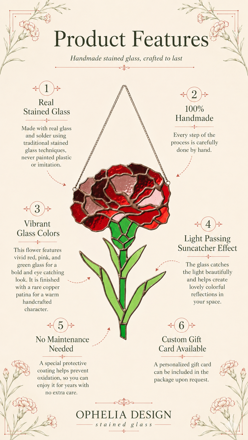 Carnation Stained Glass Flower: Handmade Red Floral, Home Decor