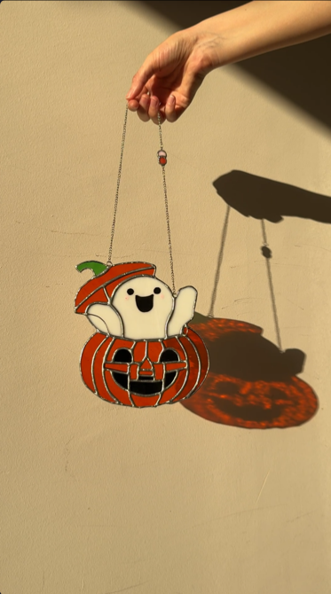 Stained Glass Jack-o'-lantern with Ghost, Halloween Decor