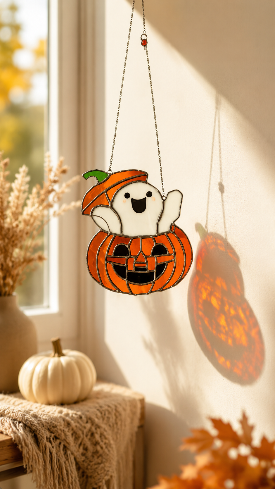 Stained Glass Jack-o'-lantern with Ghost, Halloween Decor