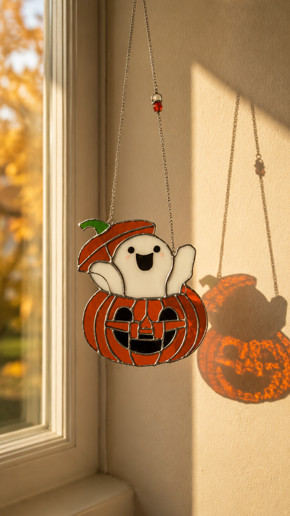 Stained Glass Jack-o'-lantern with Ghost, Halloween Decor