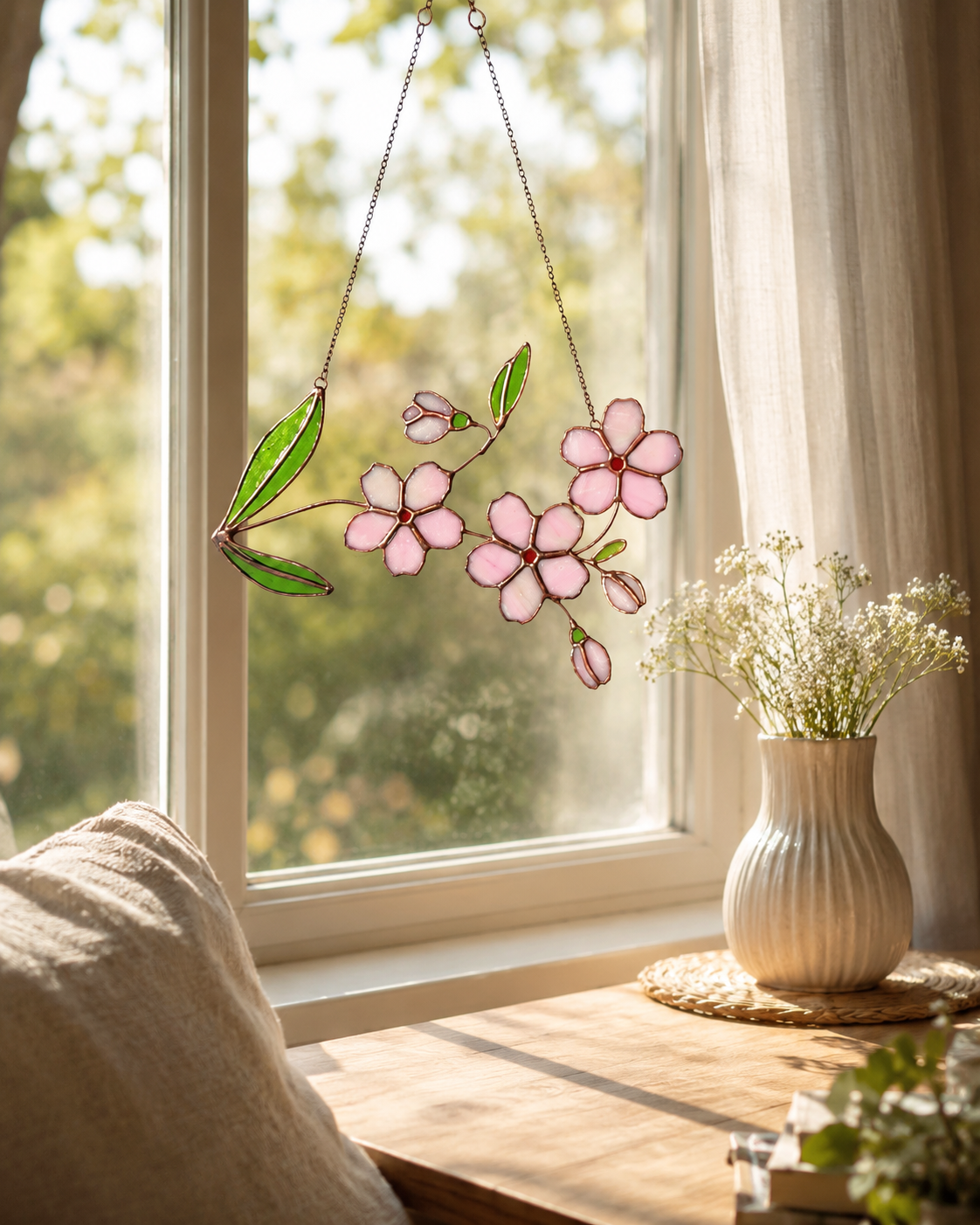 Cherry Blossom Stained Glass: Flower Sun Catcher Gift, One of a Kind Glass Decor