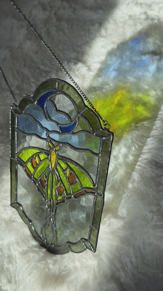 Luna Moth Stained Glass Panel: Celestial Moon Suncatcher, Witchy Window Hanging Art