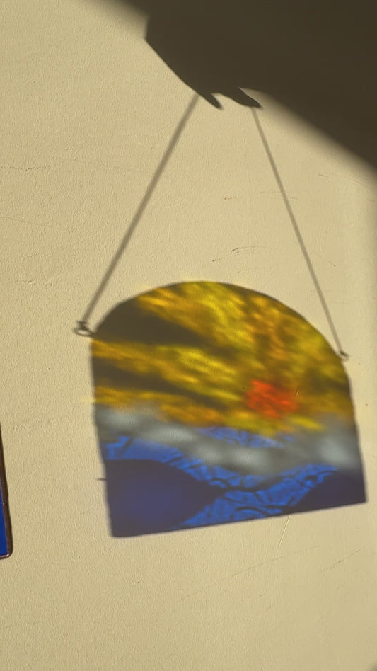 Sunset Stained Glass Panel: Ocean Landscape Suncatcher, Arch Mountain Sea Window Hanging Art
