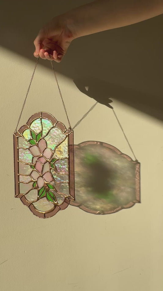 Floral Panel Handmade Stained Glass, Pink Flowers, Iridescent Arch Suncatcher, Botanical Glass Art