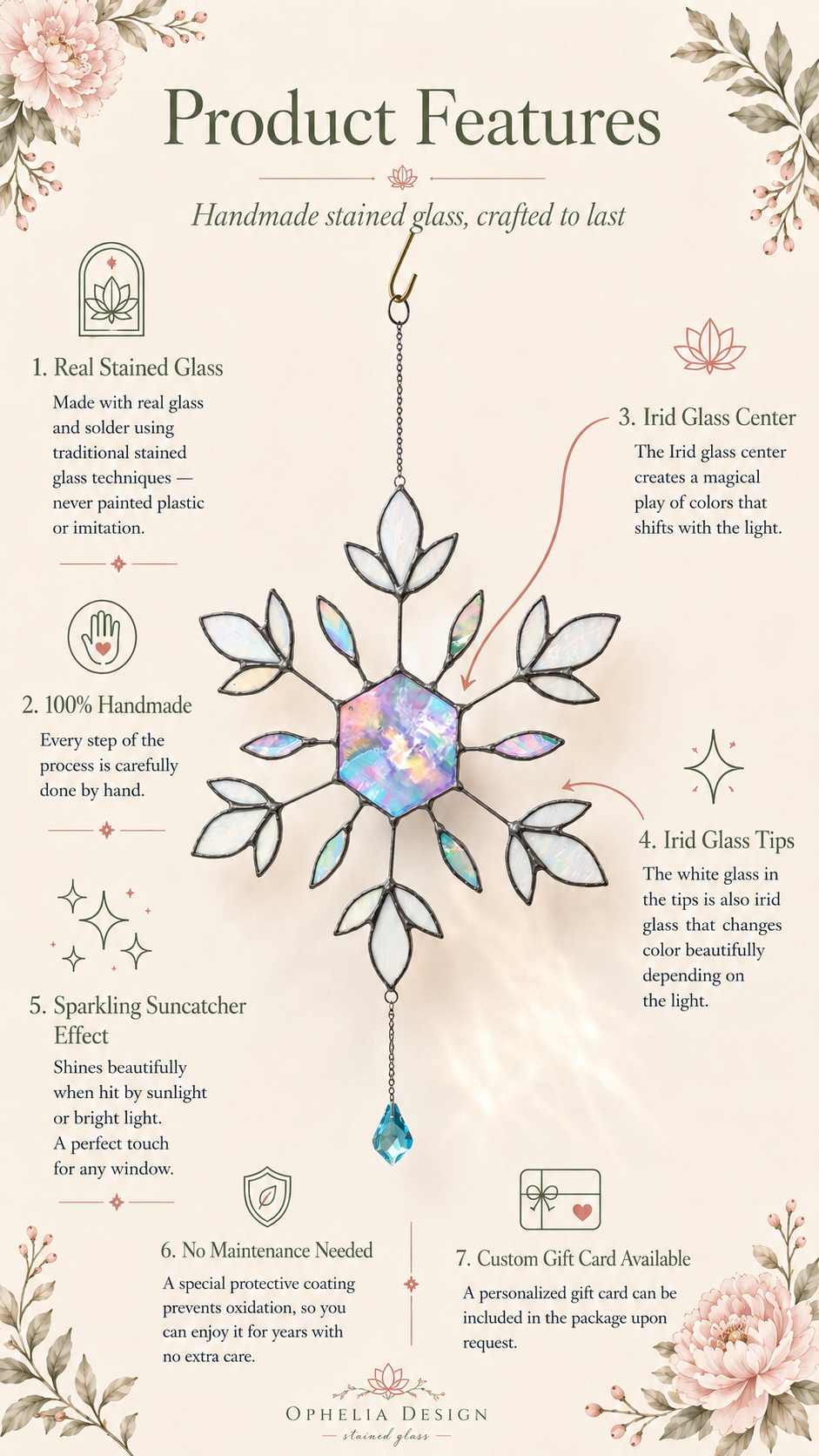 Snowflake Suncatcher Handmade Stained Glass Decor