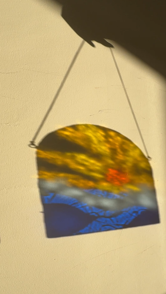 Sunset Stained Glass Panel: Ocean Landscape Suncatcher, Arch Mountain Sea Window Hanging Art