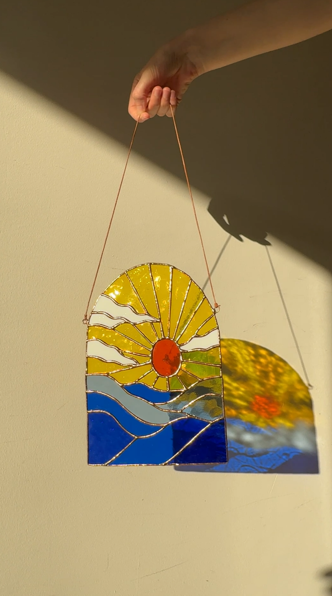 Sunset Stained Glass Panel: Ocean Landscape Suncatcher, Arch Mountain Sea Window Hanging Art