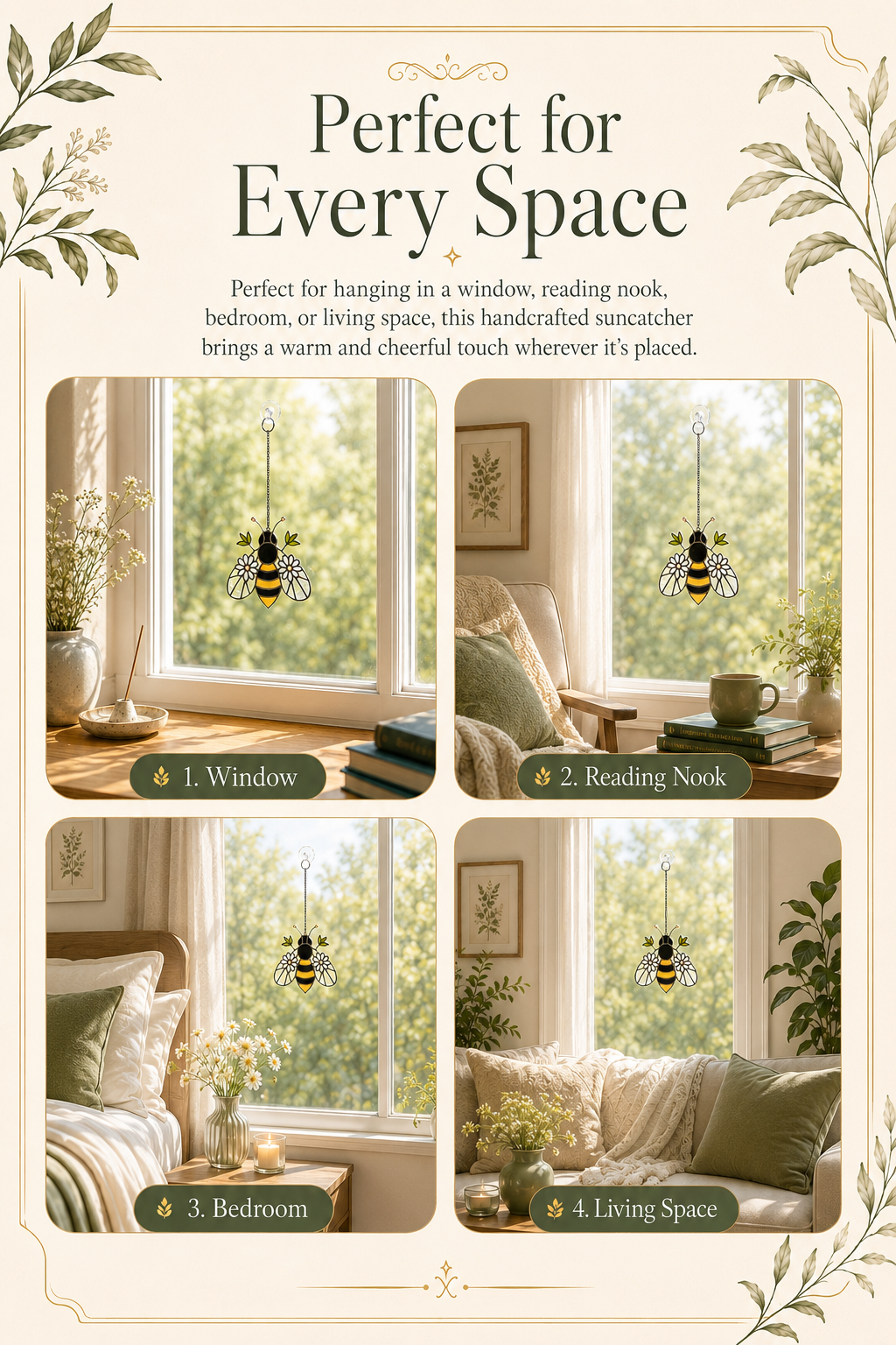 Bumblebee Stained Glass Suncatcher with Flowers: Iridescent Bee Window Hanging, Nature Art