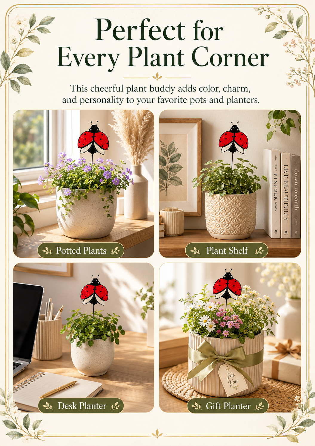 Ladybug Plant Stake Handmade Stained Glass  – Handmade Garden Decor & Plant Buddy