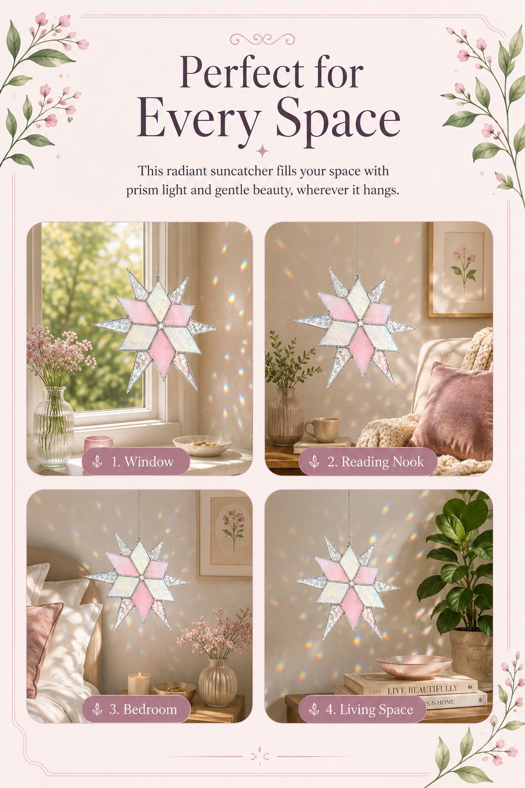 Stained Glass Sirius Star Suncatcher Handmade Pink and White Iridescent Glass Home Window Decor