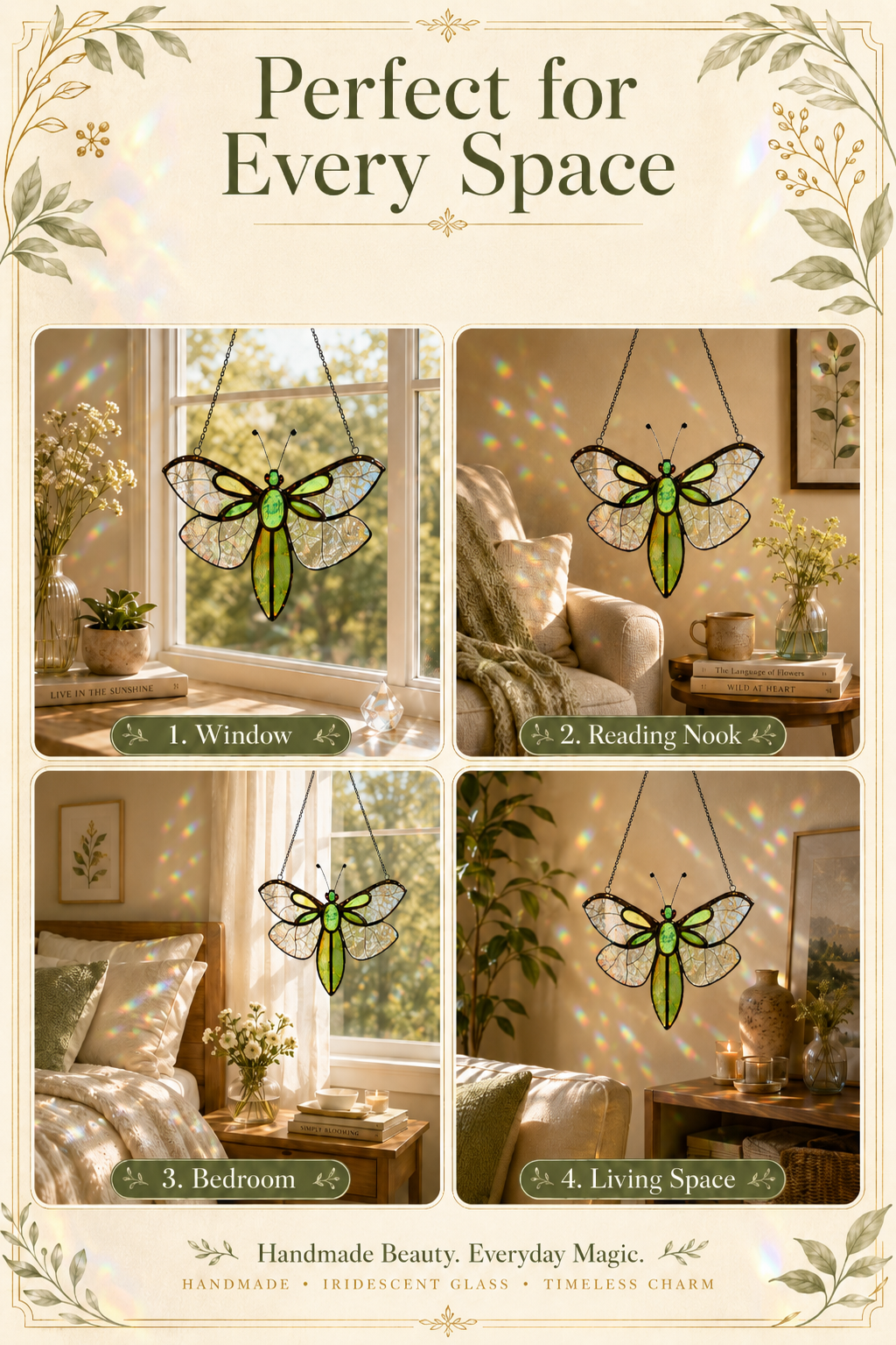Fly Suncatcher Handmade Stained Glass  Iridescent Green Insect Window Decor